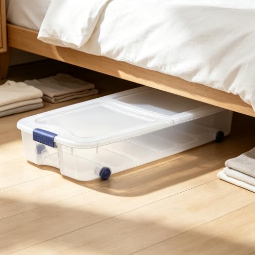 66 Quart Clear Plastic Underbed Storage Bin with Blue Lid
