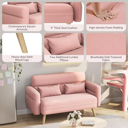 Yaheetech 46" Small Sofa Compact Modern Couch with Wood Legs, Pink | Loveseat Small Sofa in Fabric 2 Seater Couch Features Wood Legs, Lumbar Pillows, Easy Assembly for Living Room, Bedroom, Dorm - color: Pink