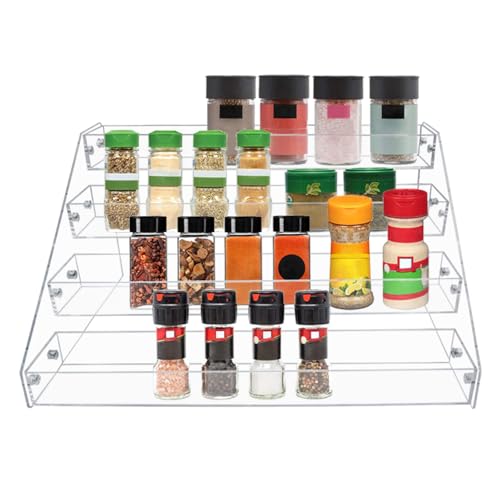 PMMASTO 4-Tier Clear Acrylic Spice Rack Organizer for Cabinet Countertop | Raised Step Design, Keeps Spice Jars, Seasonings and Cans Visible, Ideal for Countertops, Kitchen Cabinets and Pantry Storage - size: 4 Tier - inner width 1.93"