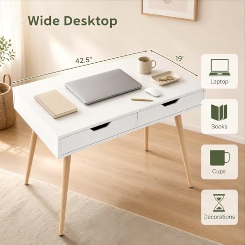 GIANTEX Mid-Century Desk with 2 Drawers, 42.5" Writing Study Desk with Tapered Legs, Home Office Computer Workstation PC Laptop Desk, Modern Makeup Vanity Table for Bedroom (White & Natural)