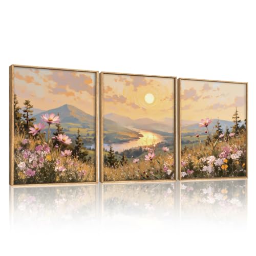 LHIUEM Boho Sunset Wildflower Framed Canvas Wall Art,Nature Pink Flower Wall Decor,Blossom Botanical Mountain Landscape Artwork for Living Room,Bedroom,Dining Room,Office -12"x16"x3 - color: Boho Sunset Wildflower Wall Art, size: 12''x16''x3