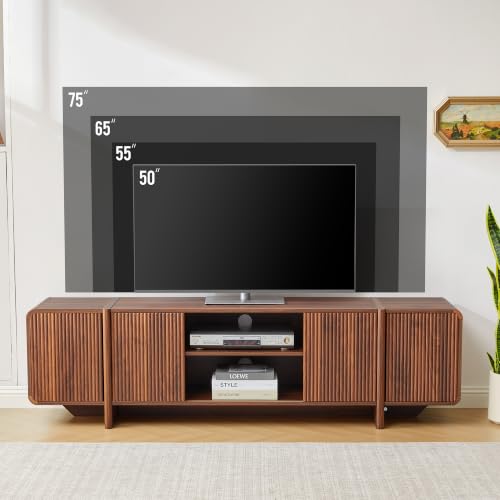 70'' Fluted Wood TV Stand with Storage Fits Up to 80 Inch TV | Mid-Century Modern Media Console with Open Shelves & Cable Holes Low TV Entertainment Center for Living Room Bedroom (Walnut)