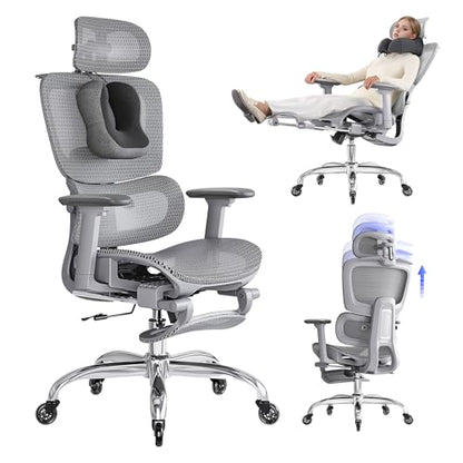Office Chair with Footrest, Ergonomic Chair with Neck Pillow & Rubber Wheels, Computer Chair with Adjustable Backrest & 3D Armrests Headrest, Gaming Chair Adaptive Lumbar Support, Grey - color: Grey, style: Pro