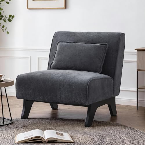 Armless Accent Chair Comfy Upholstered Modern Living Room Side Chair | Comfy Small Accent Lounge Chair with Pillow & Wooden Leg Accent Chair for Living Room Bedroom Farmhouse Reading Charcoal Gray - color: Grey