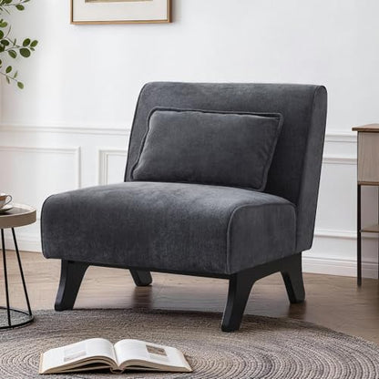 Armless Accent Chair Comfy Upholstered Modern Living Room Side Chair | Comfy Small Accent Lounge Chair with Pillow & Wooden Leg Accent Chair for Living Room Bedroom Farmhouse Reading Charcoal Gray - color: Grey