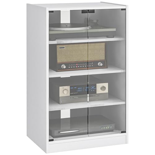 HOMCOM Media Cabinet 4-Tier Stereo Cabinet with Glass Door Distressed White | Vinyl Record Player, AV Record Player Stand, Adjustable Shelves, Push-to-Open Glass Doors, Cable Management - color: Distressed White