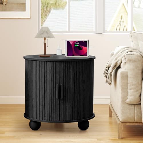24" Round End Table with Charging Station, Fluted Side Table, Black | Farmhouse Sofa Side Tables Living Room, Mid-Century Wood Nightstand with Sliding Tambour Door & Storage, Round End Table - color: Black