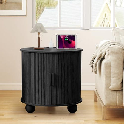 24" Round End Table with Charging Station, Fluted Side Table, Black | Farmhouse Sofa Side Tables Living Room, Mid-Century Wood Nightstand with Sliding Tambour Door & Storage, Round End Table - color: Black