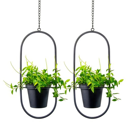 Modern Metal Hanging Planters with 5 Inch Pots - Set of 2 Oval Geometric Plant Hangers - Black Wall and Ceiling Mount Flower Holders for Indoor and Covered Outdoor Houseplants - size: OVAL-5 INCH POT