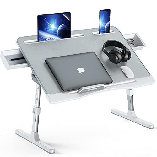 KLEAR Laptop Bed Tray Desk, Foldable and Adjustable Lap Table with Heights and Angles, Upgraded-Sturdy Laptop Lap Desk for Bed/Sofa/Couch/Floor (2 Drawers, Grey) - color: Gray, size: X-Large without Bag (15.7"x23.6")