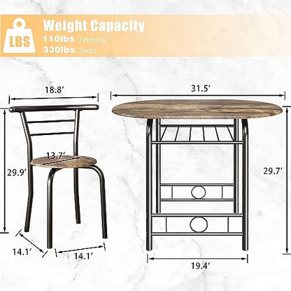 JUMMICO 3-Piece Wooden Round Table & Chair Set, Kitchen Breakfast Nook | Space Saving, Wood Grain Tabletop with Metal Frame and Built-in Wine Rack for Kitchen, Dining Room (Walnut/Black) - color: Walnut/Black