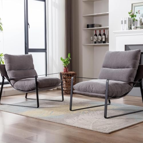 Set of 2 Modern Accent Chair, Linen Living Room Chair, Grey | Comfy Armchairs, Upholstered Lounge Armchair, Removable Seat Cushion, Black Metal Frame, For Reading Room, Bedroom, Balcony - color: Grey, size: 2PCS