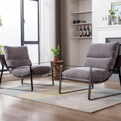 Set of 2 Modern Accent Chair, Linen Living Room Chair, Grey | Comfy Armchairs, Upholstered Lounge Armchair, Removable Seat Cushion, Black Metal Frame, For Reading Room, Bedroom, Balcony - color: Grey, size: 2PCS