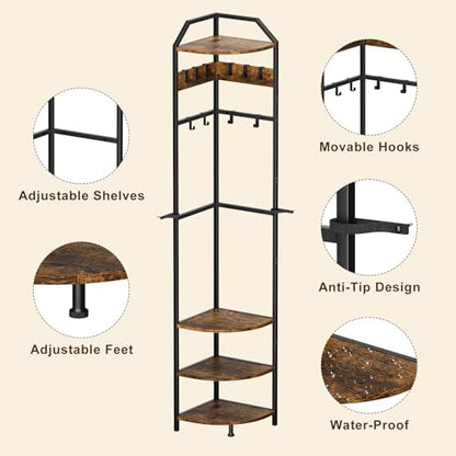 X-cosrack Corner Hall Coat Tree Freestanding with 10 Movable Hook, Shelf-Adjustable Coat Rack Stand for Purse, Hat, Bag and Shoe, Narrow for Small Space Living Room Bedroom Office Entryway Storage