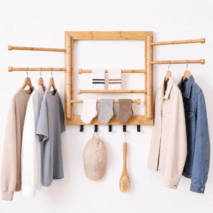 Sintuff Wall Mount Drying Rack 20'' Collapsible Foldable Clothes Dryer Rack | Bamboo, 8 Arms & 5 Hooks, Space Organizing, Laundry Hanger Dryer Rack, 80 lb Capacity