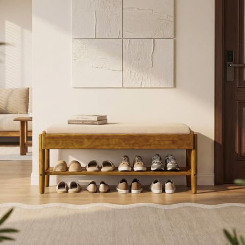 YEPDIN 2 Tier Shoe Rack Bench with Flip-Top Storage,39.3" Solid Wood Shoe Rack Bench with Chenille Cushion,for Entryway, Hallway,Living Room, Bedroom, Closet - color: Light
