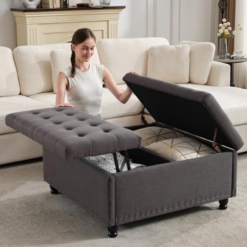 Tbfit 35.5" Large Square Storage Ottoman Bench, Tufted Upholstered Coffee Table Ottoman with Lift Top & Wooden Legs, Oversized Storage Ottomans Toy Box for Living Room (Dark Grey) - color: Dark Grey