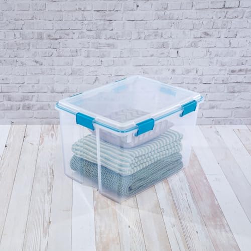 Sterilite Gasket Storage Box with Lids for Home & Office, 80 Quart, 16-Pack | Heavy-Duty, Stackable, and Organizing Containers for Bathroom, Cabinet, Closet, and Garage, Clear and Blue Aquarium Latches - size: 80 Quart, style: 16 Pack