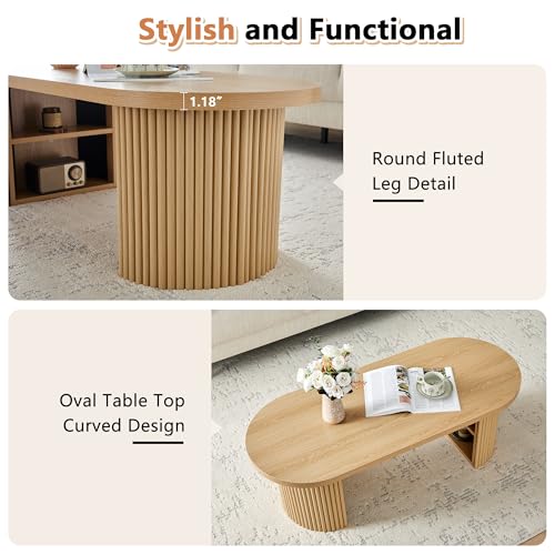 Oval Fluted Coffee Table, 47" Farmhouse Wood Coffee Table Mid Century Modern Center Table Boho Living Room Tables for Living Room Office,Natural - color: Natural, size: 19.69"D x47.2"W x 15.74"H