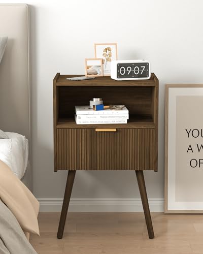 Nightstand,Modern Bedside Table with Storage Drawer and Open Wood Shelf, for Living Room, Bedroom and Small Spaces, Accent Night Stand with Solid Wood Legs, Easy Assembly,Walnut Brown - color: Walnut Brown