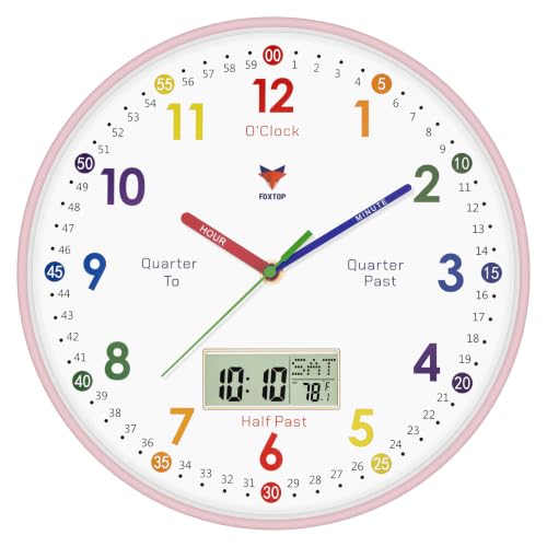 Foxtop Digital and Analog Learning Clock for Kids -Teaching Clock 12" Pink | Silent Non-Ticking, Battery Operated, for Kids Room Playroom Nursery Classroom School - color: Pink, size: 12 Inch