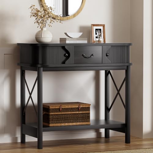 39'' Narrow Console Table, 2-Tier entryway Sofa Table, Black | Narrow Console Table with Drawer & Cabinets; Sturdy X-Frame, Slim Wood for Entryway, Hallway, Living Room & Behind Couch - color: Black