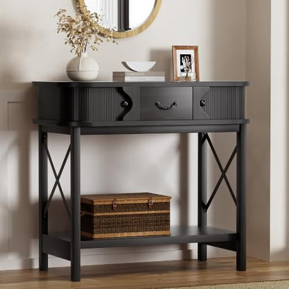 39'' Narrow Console Table, 2-Tier entryway Sofa Table, Black | Narrow Console Table with Drawer & Cabinets; Sturdy X-Frame, Slim Wood for Entryway, Hallway, Living Room & Behind Couch - color: Black