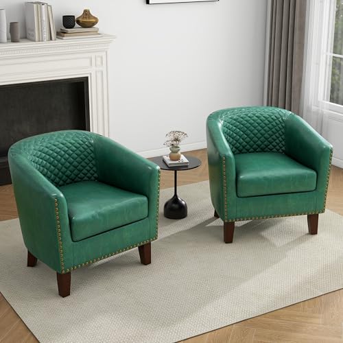 Faux Leather Accent Chair, Modern Barrel Club Chair, Green | Comfy Upholstered Armchair for Living Room, Round Club Chair Single Sofa Bedroom Reading Seat | 26"D*29"W*29"H - color: Green