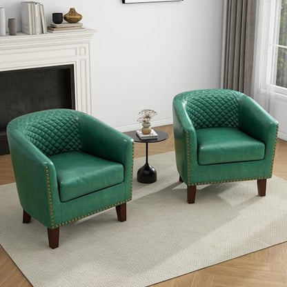 Faux Leather Accent Chair, Modern Barrel Club Chair, Green | Comfy Upholstered Armchair for Living Room, Round Club Chair Single Sofa Bedroom Reading Seat | 26"D*29"W*29"H - color: Green