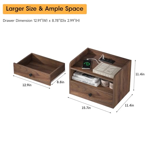 Floating Nightstand Set of 2 Modern Night Stands with Drawer and Open Shelf | Cubby Small Bedside End Table with Charging Station Wall Mounted Nightstands Set 2 for Bedroom Brown Walnut - color: Brown
