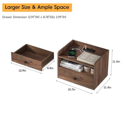 Floating Nightstand Set of 2 Modern Night Stands with Drawer and Open Shelf | Cubby Small Bedside End Table with Charging Station Wall Mounted Nightstands Set 2 for Bedroom Brown Walnut - color: Brown