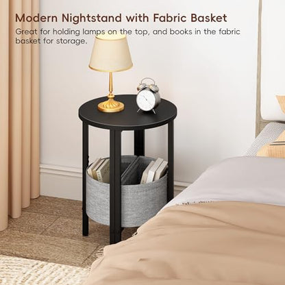 Small Round Side Table End Table, Tall Accent Table with Storage Basket, Set of 2 Half Round Tables Half Moon Tables, Coffee Bedside Tables, Modern Nightstand for Living Room Bedroom, Black - color: Black