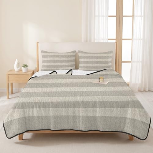 Minimalist Taupe Stripes Twin XL Quilt Bedding Set,Summer Quilt Lightweight Quilted Coverlet with 2 Pillow Shams, Farmhouse Linen Texture 3-Piece Bedspread Quilt Set for All Season - size: Twin XL-68x98in