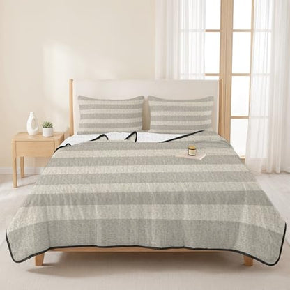 Minimalist Taupe Stripes Twin XL Quilt Bedding Set,Summer Quilt Lightweight Quilted Coverlet with 2 Pillow Shams, Farmhouse Linen Texture 3-Piece Bedspread Quilt Set for All Season - size: Twin XL-68x98in