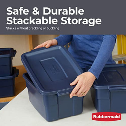 Rubbermaid Roughneck Tote 3 Gal, 6 Pack, Made in USA, Dark Indigo Metallic, Rugged Plastic Stackable Storage Bins with Lids and Handles - size: 3 Gal - 6 Pack