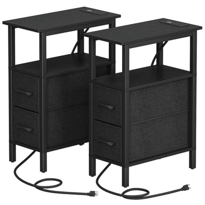 2 Set Narrow Side Table for Small Spaces, Skinny End Table with Charging Station, Sofa Beside Table with 2 Fabric Drawers and 1 Open Compartment, Slim Nightstand with USB Ports Outlet, Black UTBT004B2 - color: Black