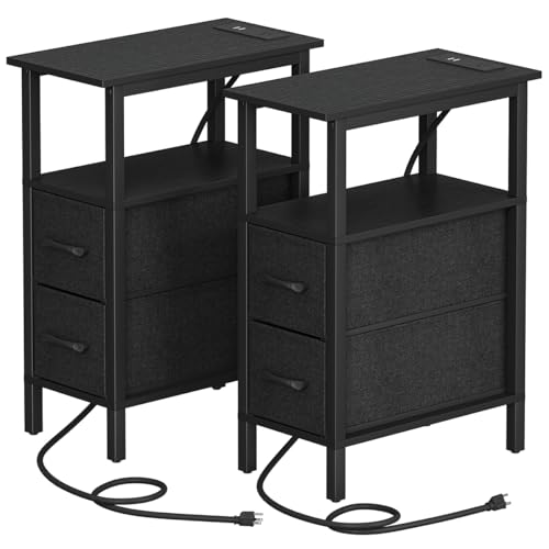 2 Set Narrow Side Table for Small Spaces, Skinny End Table with Charging Station, Sofa Beside Table with 2 Fabric Drawers and 1 Open Compartment, Slim Nightstand with USB Ports Outlet, Black UTBT004B2 - color: Black