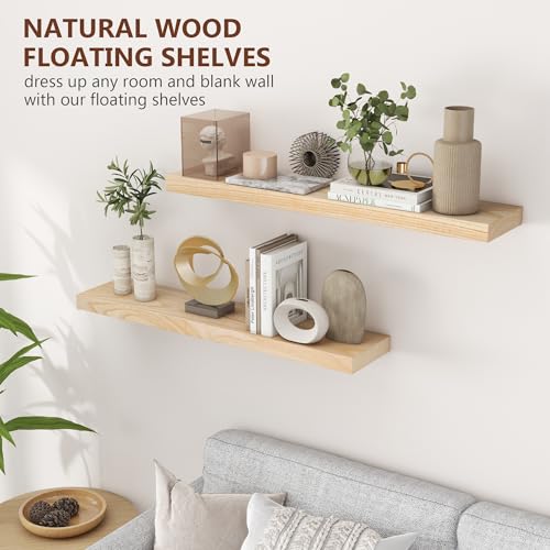 fuqing 36 Inch Floating Shelves 6.7'' Deep Natural Wood Shelves Set of 2 | 36'' x 6.7'' x 1.4'' Natural Wood Shelves for Bathroom Living Room, 40LBS, Lightweight, Hardware Included, Waterproof Finish - color: Natural, size: 36 Inch