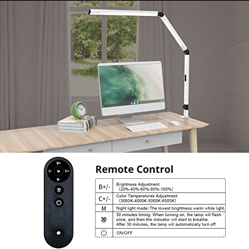 LED Desk Lamp for Home Office, Architect Clamp Desk Lamp with Remote Control, Adjustable Dimmable Swing Arm Clamp on Table Light Clip-on Dual Light 5 Brightness Levels & 4 CCT Modes - color: White+Remote