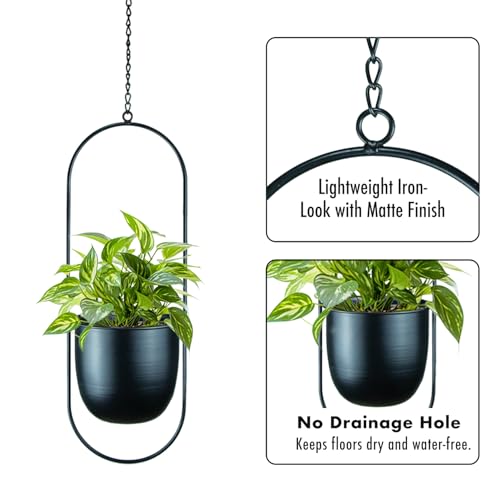 Modern Metal Hanging Planters with 6 Inch Pots and Sturdy Rods - Set of 2 Oval Geometric Plant Hangers - Black Wall and Ceiling Mount Flower Holders for Indoor and Houseplants - size: OVAL-6 INCH POT