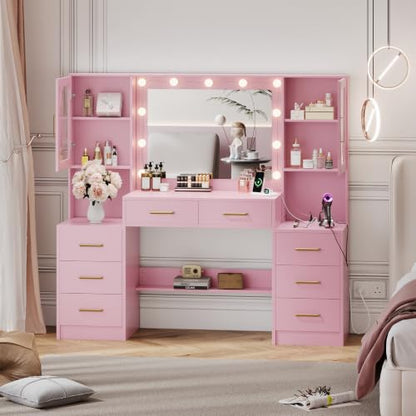 TOKSOM Large Pink Vanity Desk with Mirror and Charging Station, Makeup Desk with 8 Drawers, 2 Cabinets and Lots Storage, Dressing Table Vanity Set for Girls 58.3 inch - size: 58.3 inch, style: Modern Pink