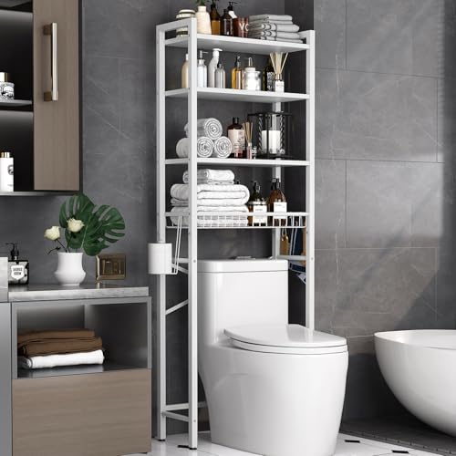 Kalrin Over-The-Toilet Storage Rack, 4-Tier Bathroom Organizer Shelf Over Toilet with Adjustable Shelf and Basket, Freestanding Space Saver Bathroom Shelves Above Toilet for Room (Pure White) - color: Pure White