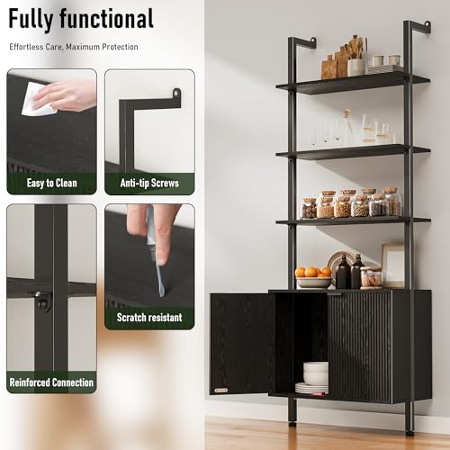 74" Tall Bookshelf with Storage Cabinet, Modern Ladder Shelf with Wood and Metal Frame, Wall Mount Bookcase Open Display Shelf Furniture for Living Room, Bedroom, Home Office，Black - color: Black