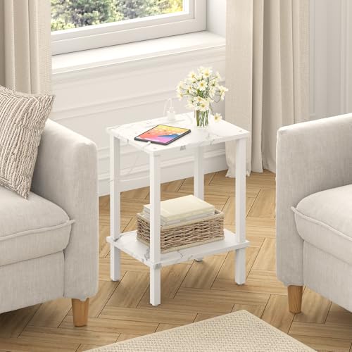 TUTOTAK End Table with Charging Station, Side Table Set of 2, Nightstand | 2-Tier Storage Shelf, Bedside Table with USB Ports, Sofa Table for Small Space, Livingroom, Bedroom Marble White TB01BMW041 - color: Marble White