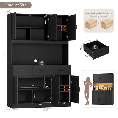 HOSTACK Kitchen Pantry Storage Cabinet, Tall Kitchen Hutch Cabinet, Black | 47"W Food Pantry Cabinet with Smart LED / Charging Station / Countertop / 3 Large Drawers, 72"H Storage Hutch, Dining Room - color: Black