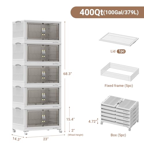 BROVIEW 400Qt Stackable Storage Bins with Lid for Home Dorm, 5Pack White | Closet Organizers, Foldable & Collapsible Cabinets, Large Containers, Wheels & Magnetic Doors, Plastic Drawers for School - color: White, size: 80QT-5Pack