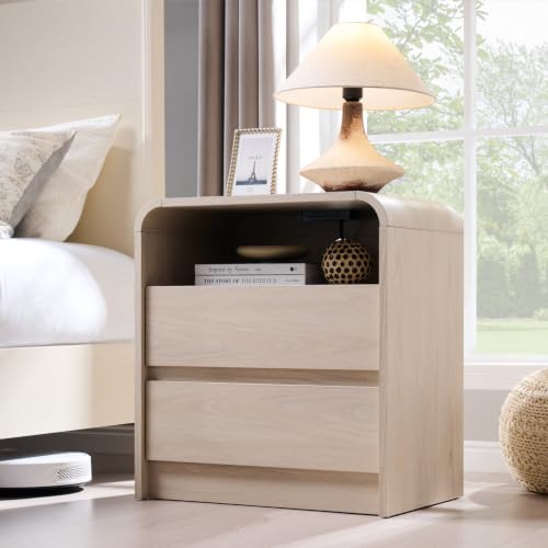 Aitjunz 25" Tall Modern Nightstand with Charging Station, 2 Drawers, Cream | 23.6'' Wide Wood Bedside Table with Curved Profile Design, Large Mid Century End Table for Living Room - color: Cream, size: 1 Piece