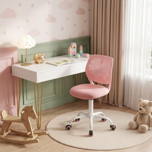 POWERSTONE Small Home Office Desk Chair, Swivel Rolling Study Computer Chair, Adjustable Height Task Chair with Armless Mid Back, Upholstered Mesh Seat, Pink - color: Pink