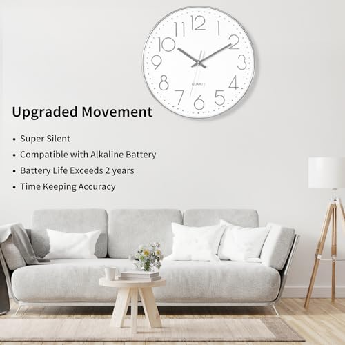 Foxtop Large 14" Wall Clock Silent Battery Operated Clock, Silver | Non-Ticking, Round, Analog Clock, Quartz, Easy to Read, Living Room, Bedroom, Kitchen, Office - color: Silver, size: 14 Inch Quartz