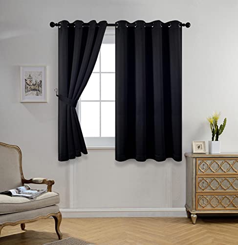 Room Darkening Grommet Thermal Insulated Blackout Window Curtains Panels for Gilrs Room Window 1 Pair 52x63 Inch Black, Bonus 2 Tie Backs Included - color: Black, size: 52"W x 63"L (Pack of 2)